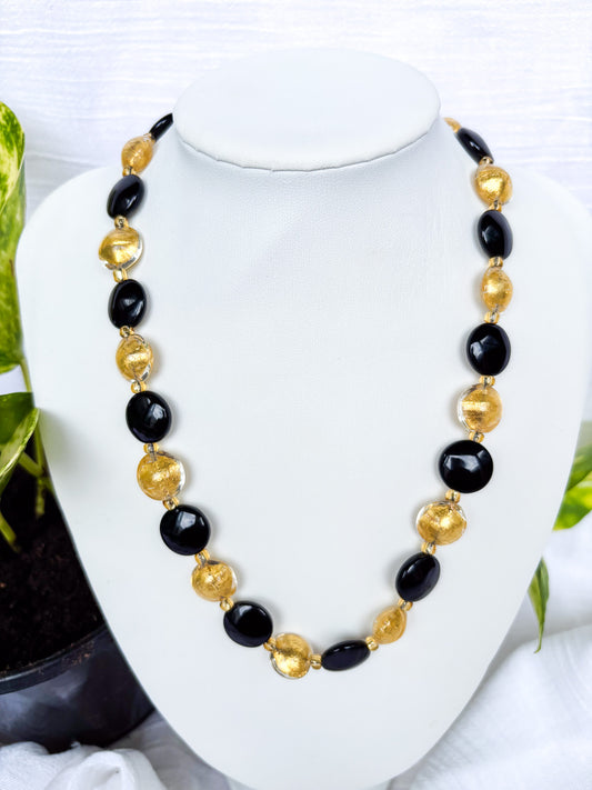 Handmade Shiny Black and Gold Foiled Bead Necklace - Beadsmith