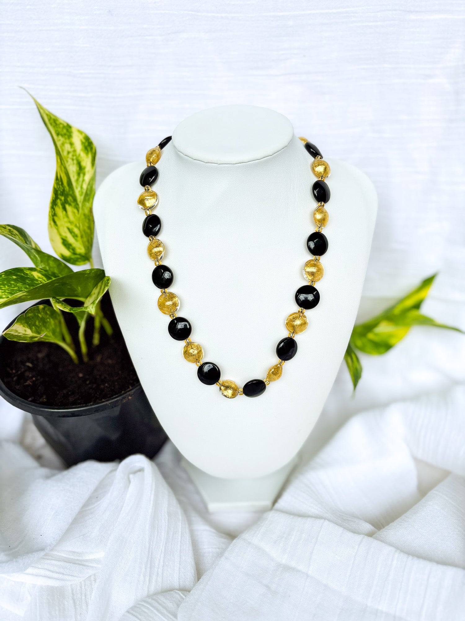 Handmade Black Beaded Necklace with Gold Feature Beads - Beadsmith