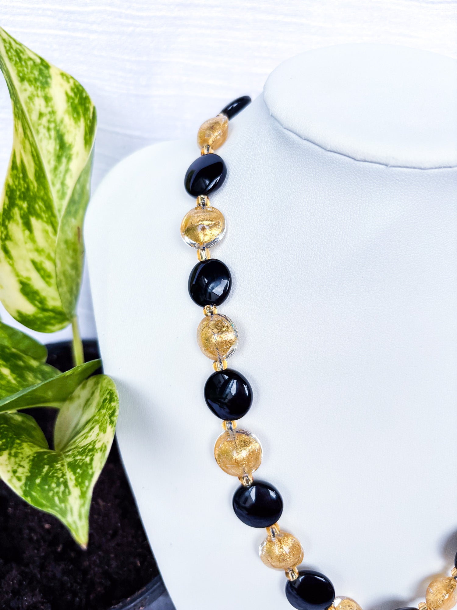 Handmade Black Beaded Necklace with Gold Feature Beads - Beadsmith