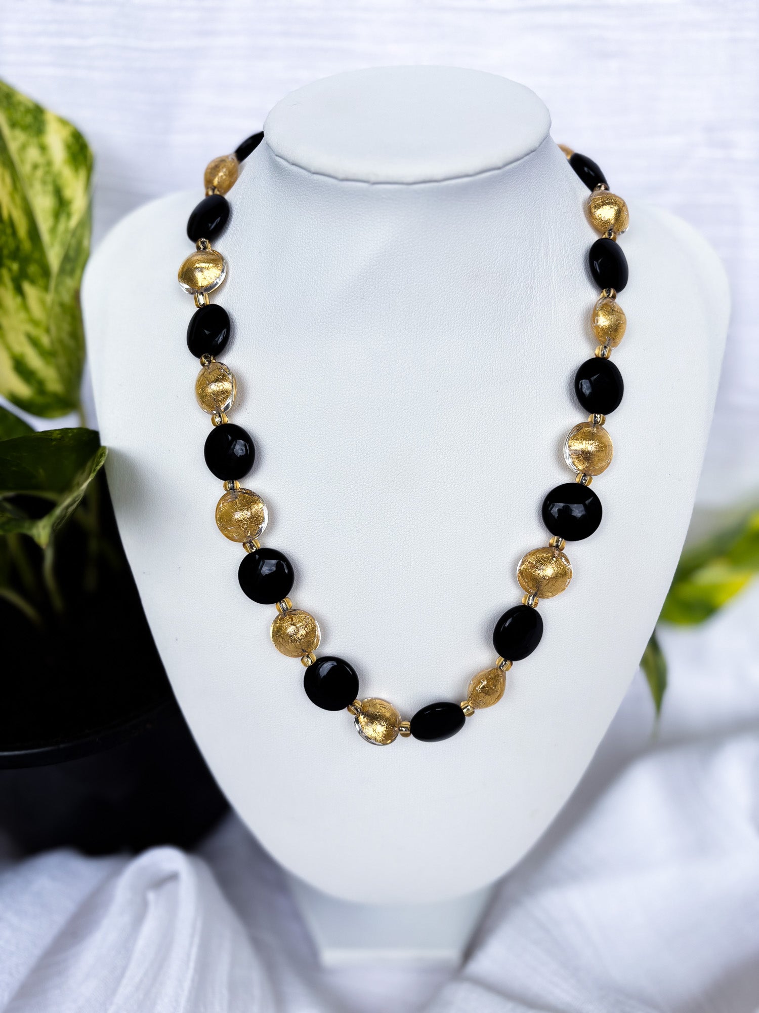 Handmade Shiny Black and Gold Foiled Bead Necklace - Beadsmith