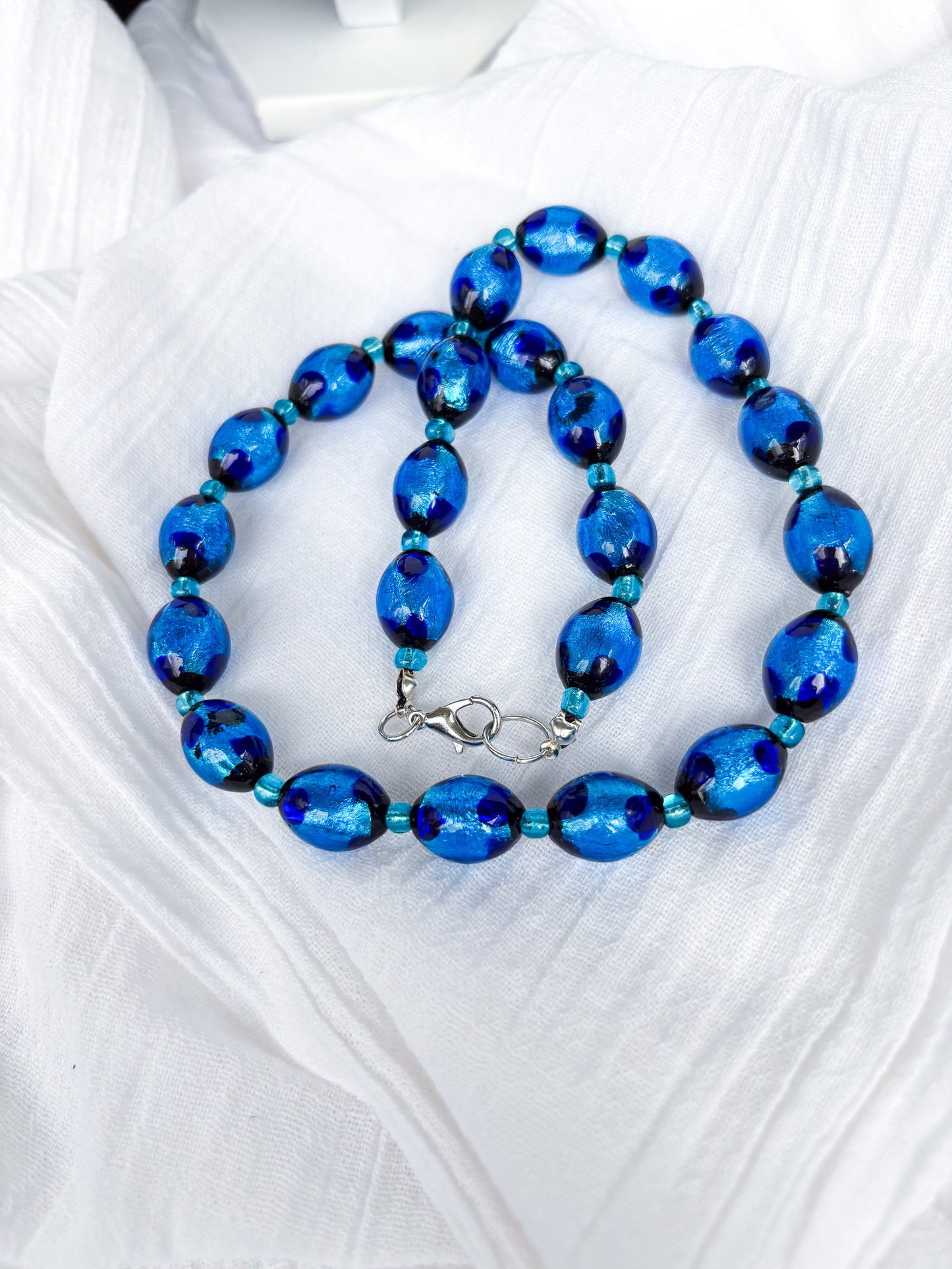 Handmade Oval Blue Beaded Necklace with Black Flecks - Beadsmith