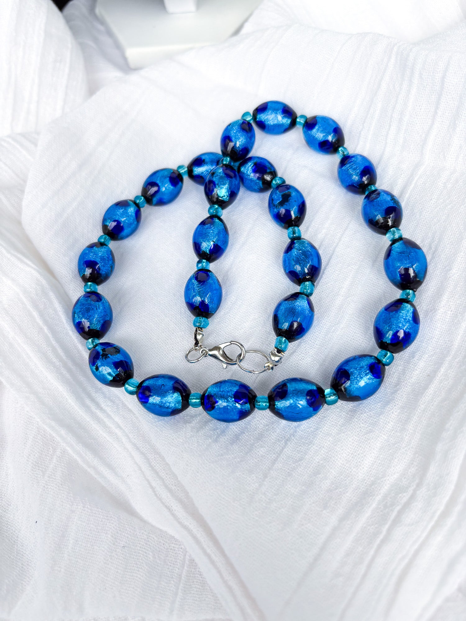 Handmade Oval Blue Beaded Necklace with Black Flecks - Beadsmith