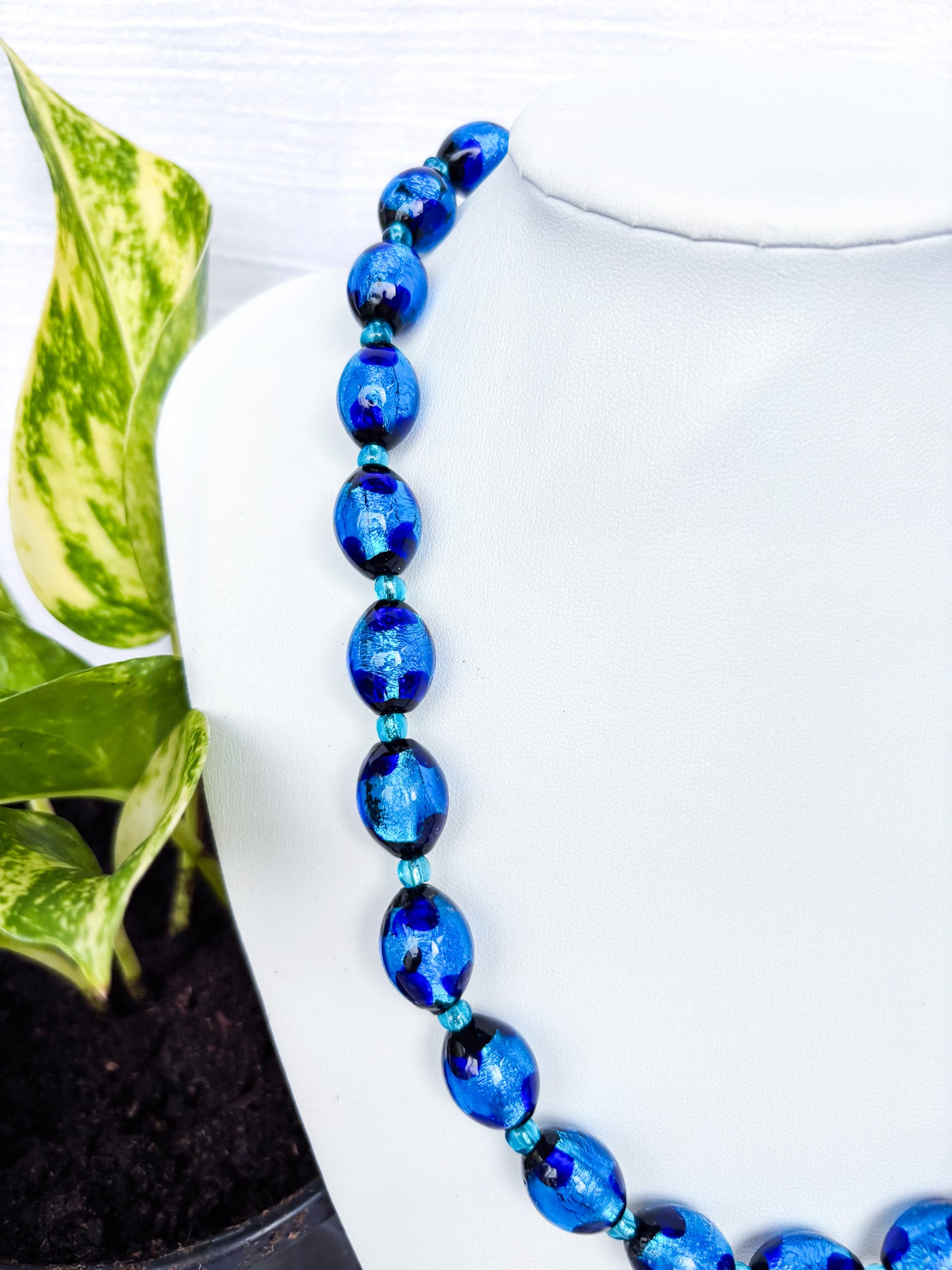 Handmade Oval Blue Beaded Necklace with Black Flecks - Beadsmith