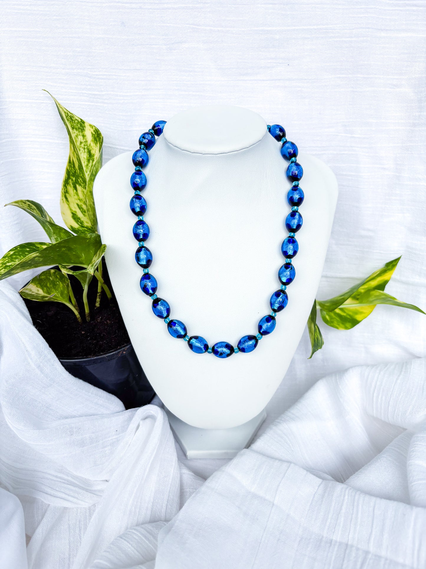 Handmade Oval Blue Beaded Necklace with Black Flecks - Beadsmith