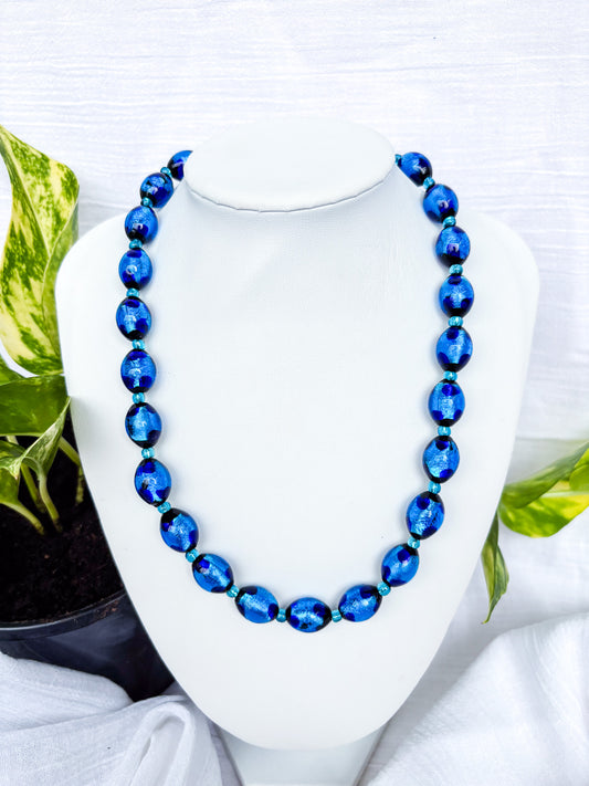 Handmade Oval Blue Beaded Necklace with Black Flecks - Beadsmith