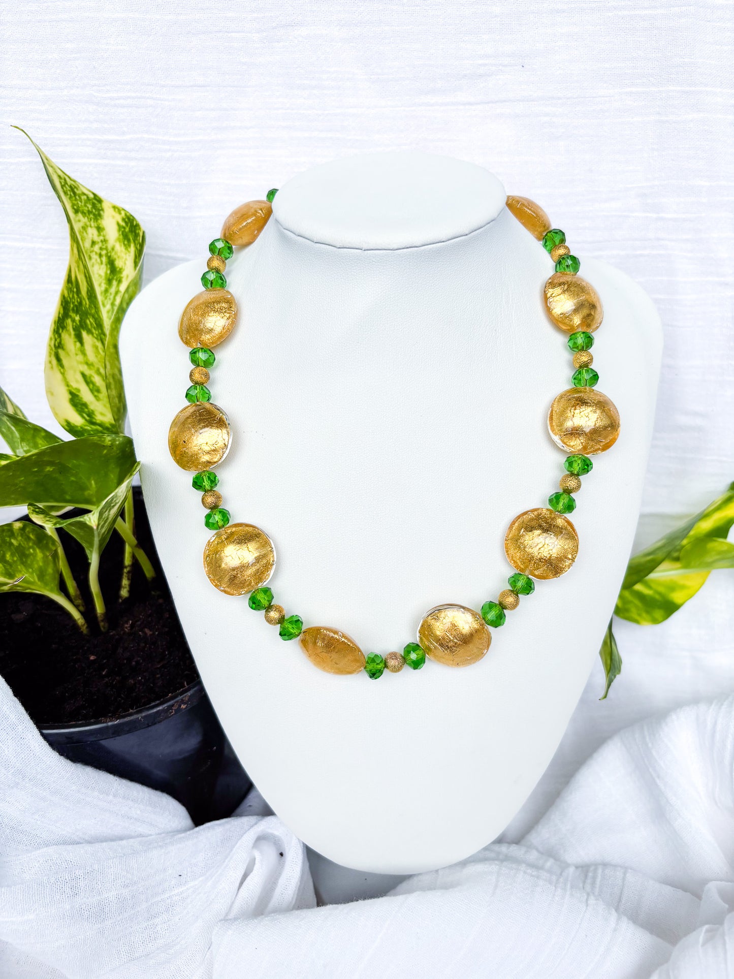 Handmade Green Beaded Necklace with Gold Foil - Beadsmith