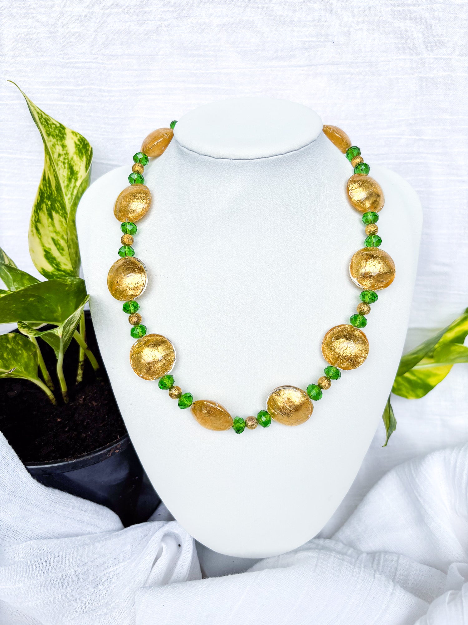 Handmade Green Beaded Necklace with Gold Foil - Beadsmith