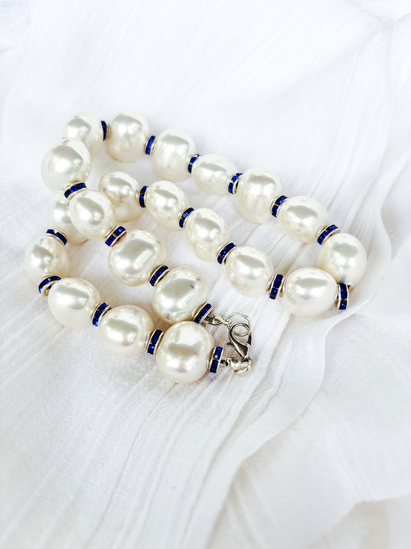 Large Round Pearl Necklace with Blue Spacer Beads - Beadsmith