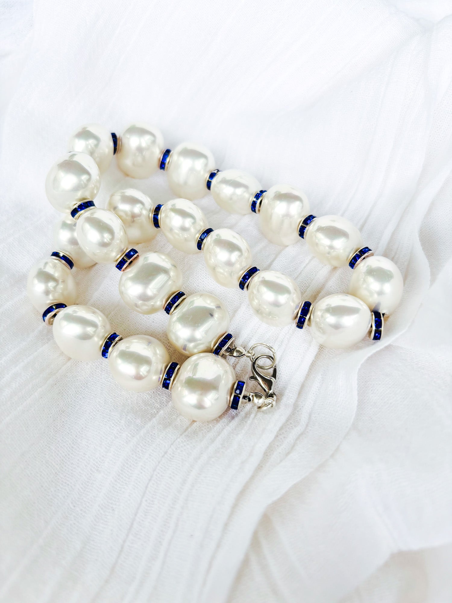 Large Round Pearl Necklace with Blue Spacer Beads - Beadsmith