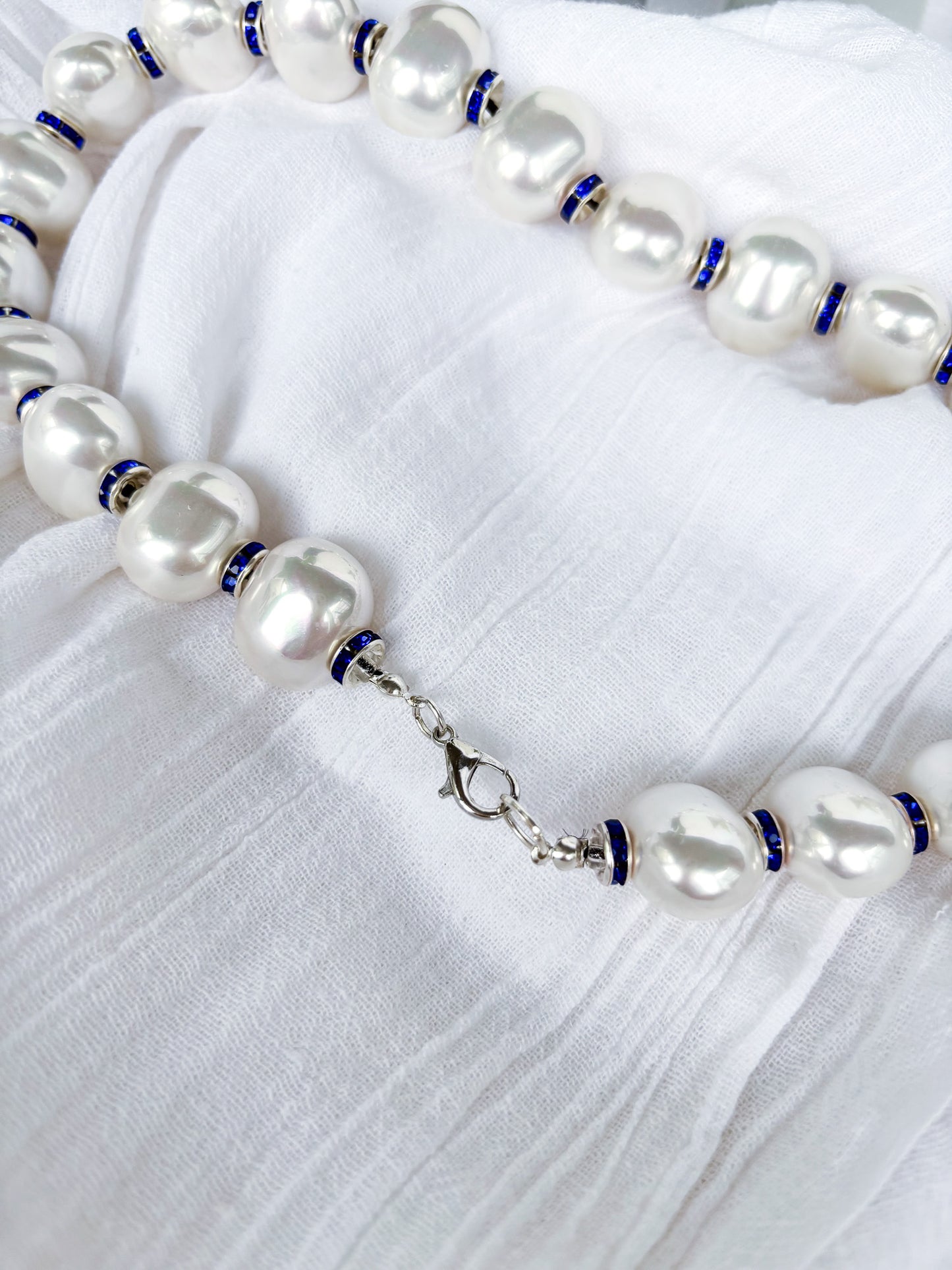 Large Round Pearl Necklace with Blue Spacer Beads - Beadsmith
