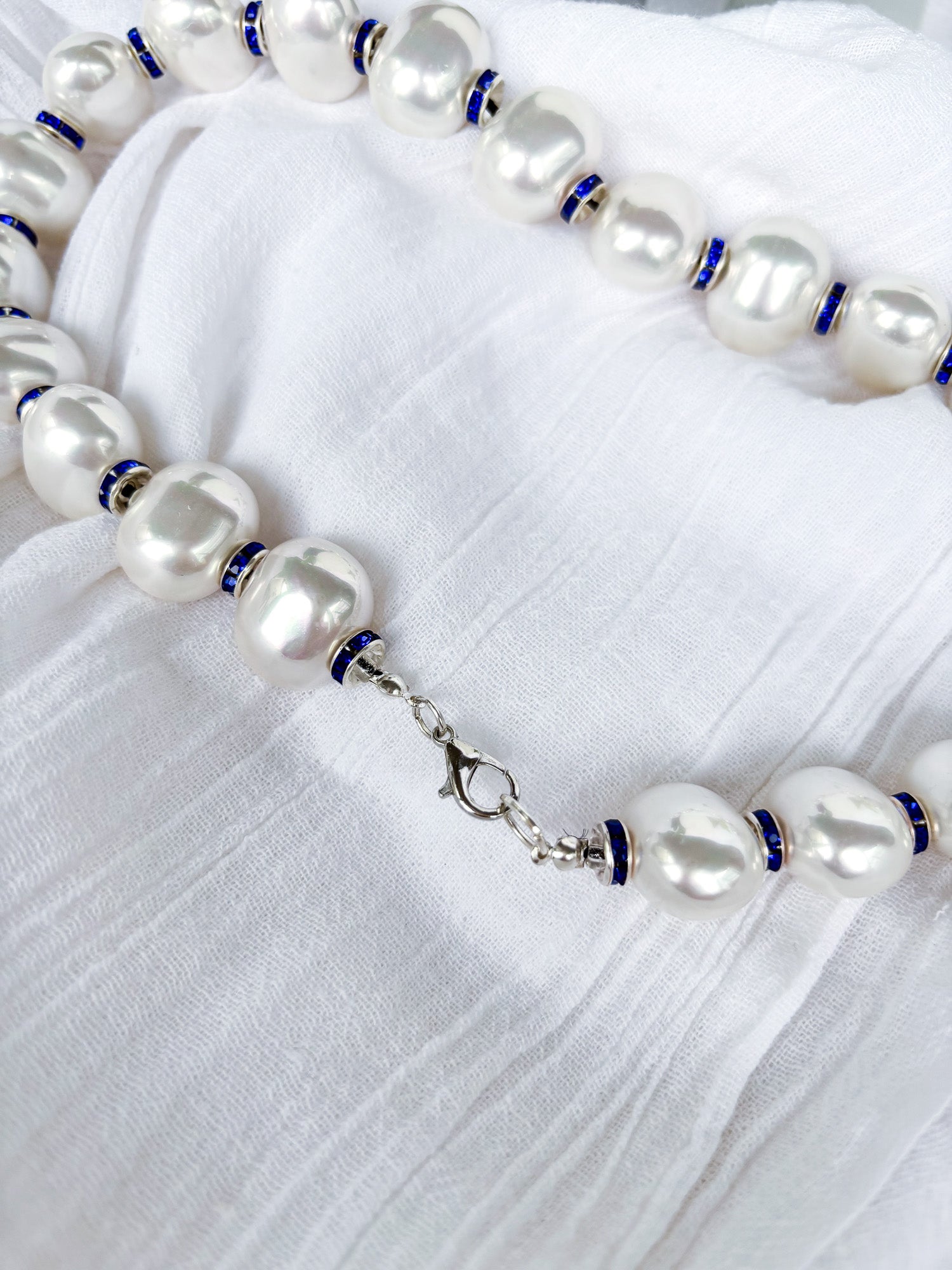 Large Round Pearl Necklace with Blue Spacer Beads - Beadsmith