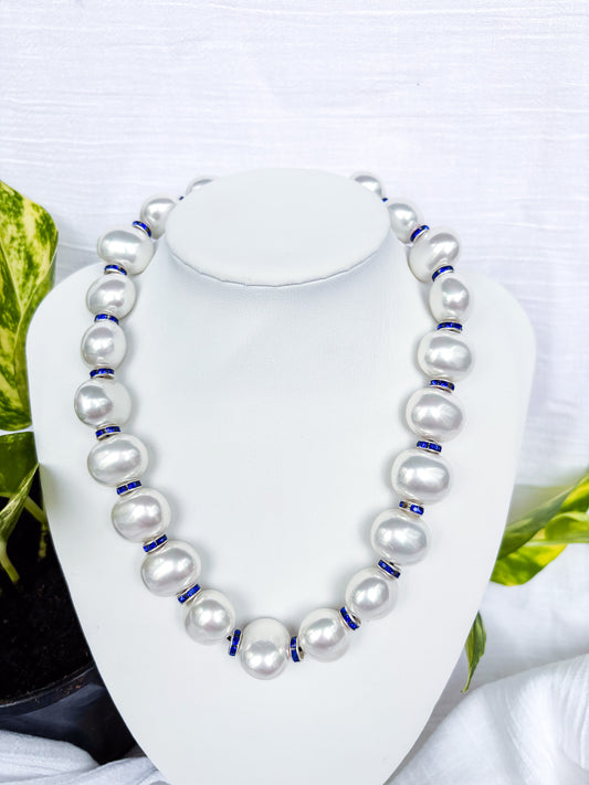 Large Round Pearl Necklace with Blue Spacer Beads - Beadsmith