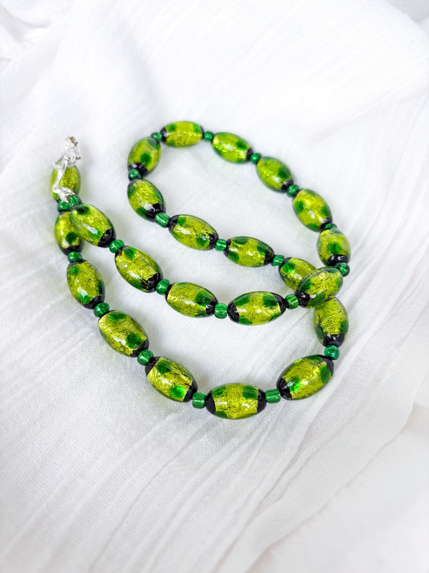 Handmade Oval Green Beaded Necklace with Black Flecks - Beadsmith