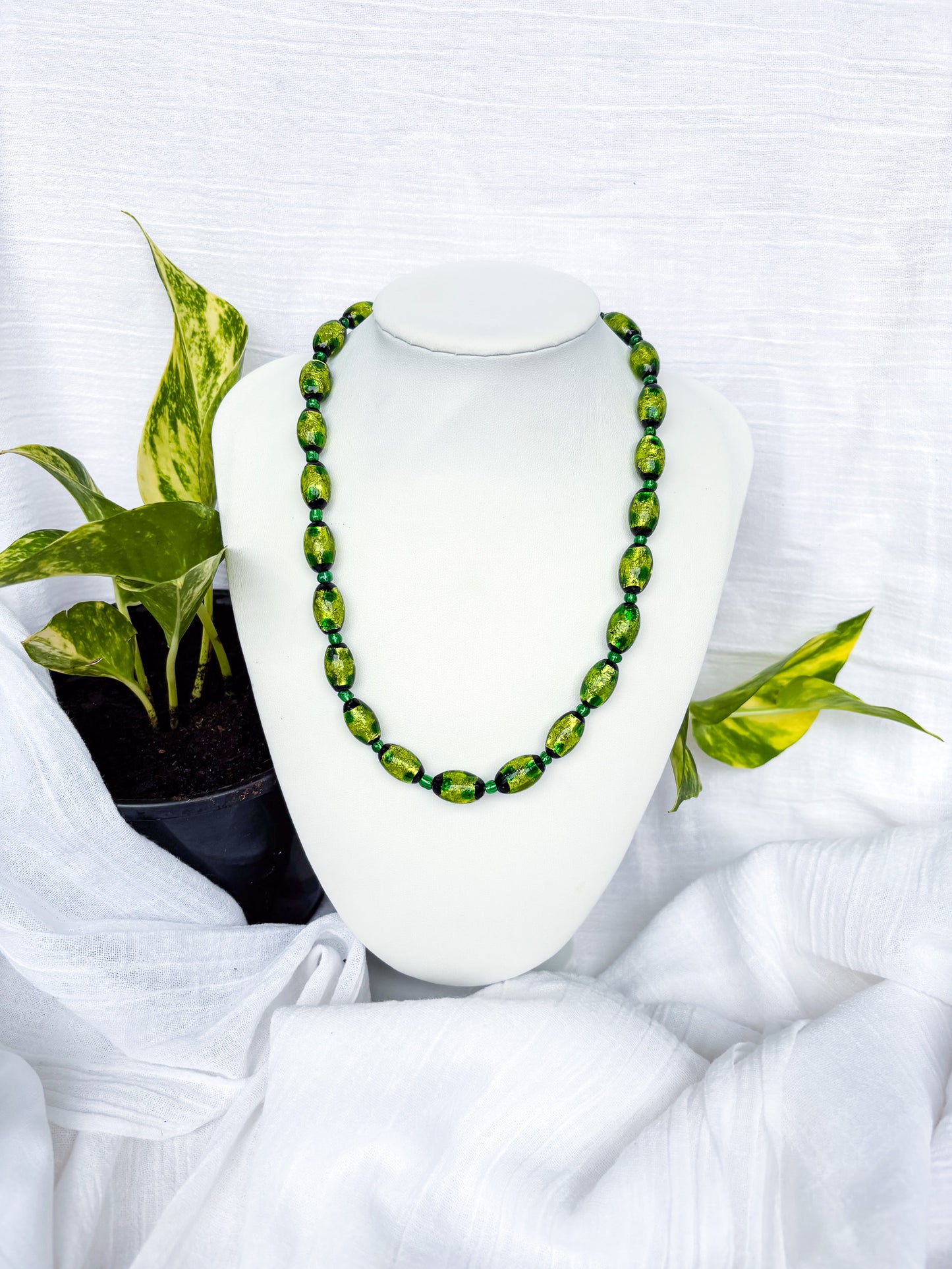 Handmade Oval Green Beaded Necklace with Black Flecks - Beadsmith
