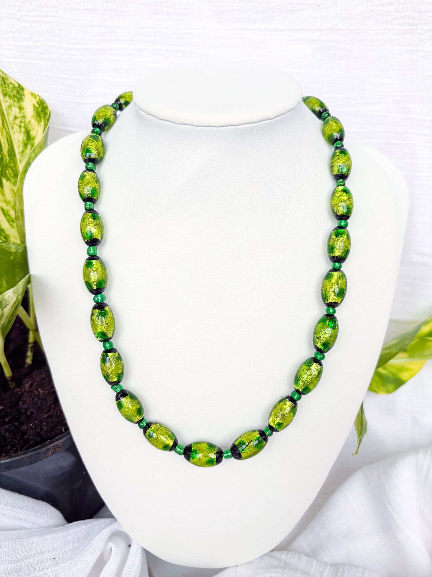 Handmade Oval Green Beaded Necklace with Black Flecks - Beadsmith