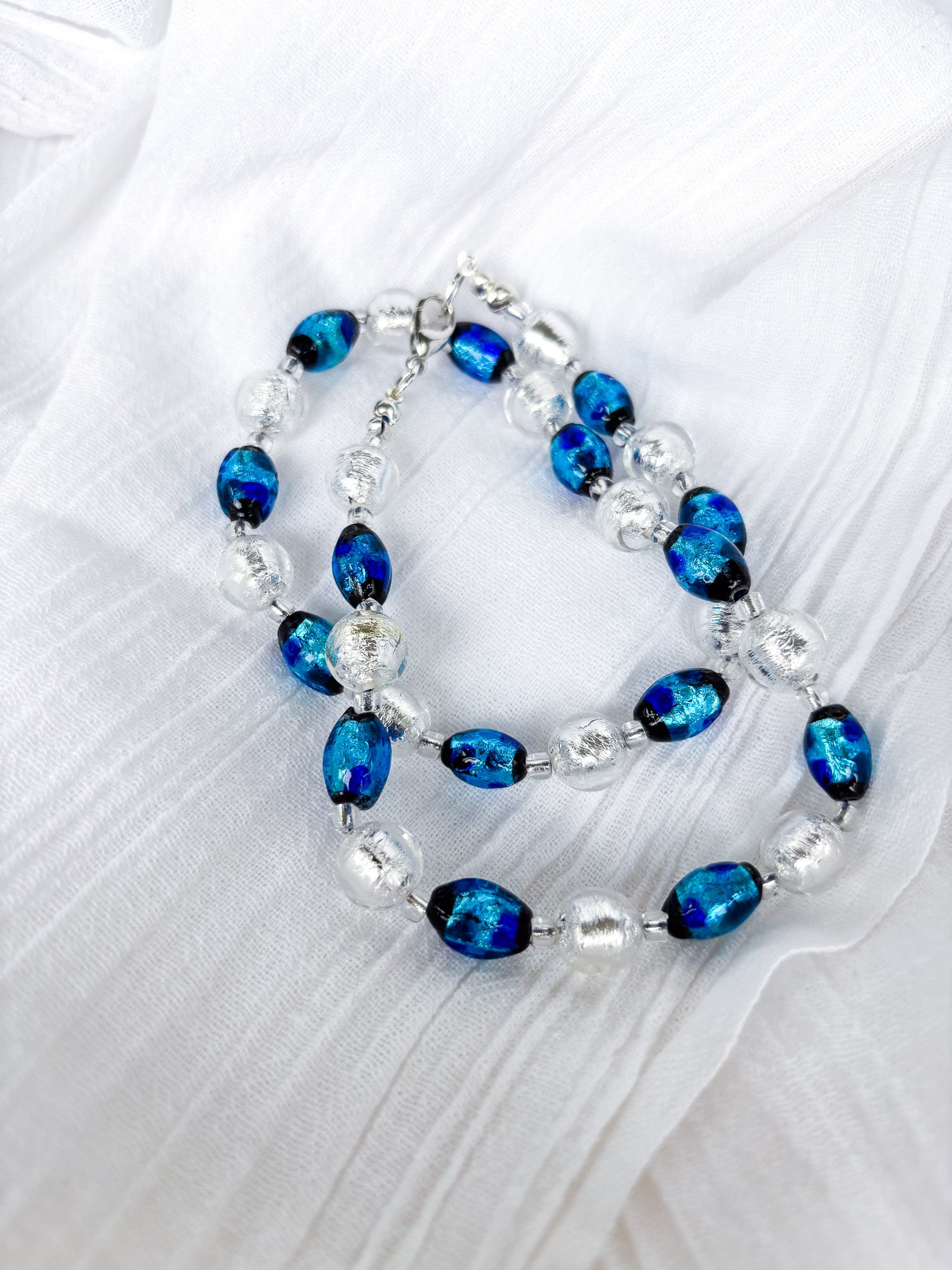 Handmade Oval Blue with black flecks and silver foil beaded necklace - Beadsmith