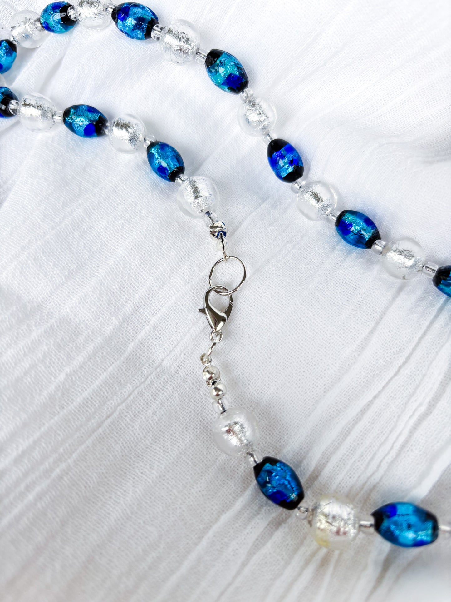Handmade Oval Blue with black flecks and silver foil beaded necklace - Beadsmith