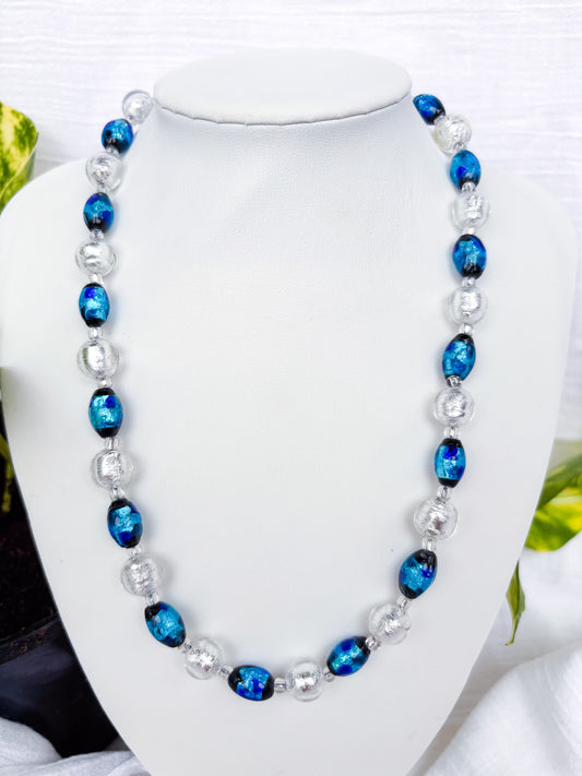 Handmade Oval Blue with black flecks and silver foil beaded necklace - Beadsmith