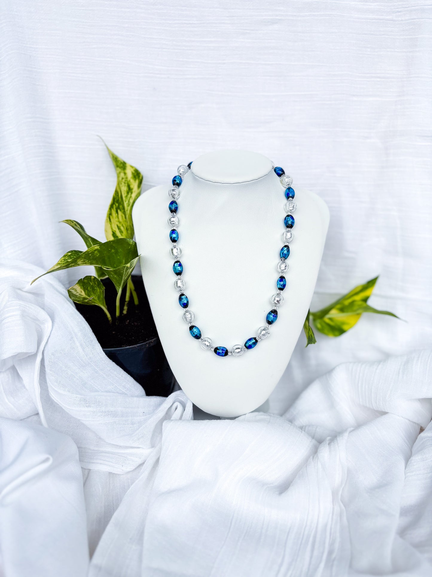 Handmade Oval Blue with black flecks and silver foil beaded necklace - Beadsmith