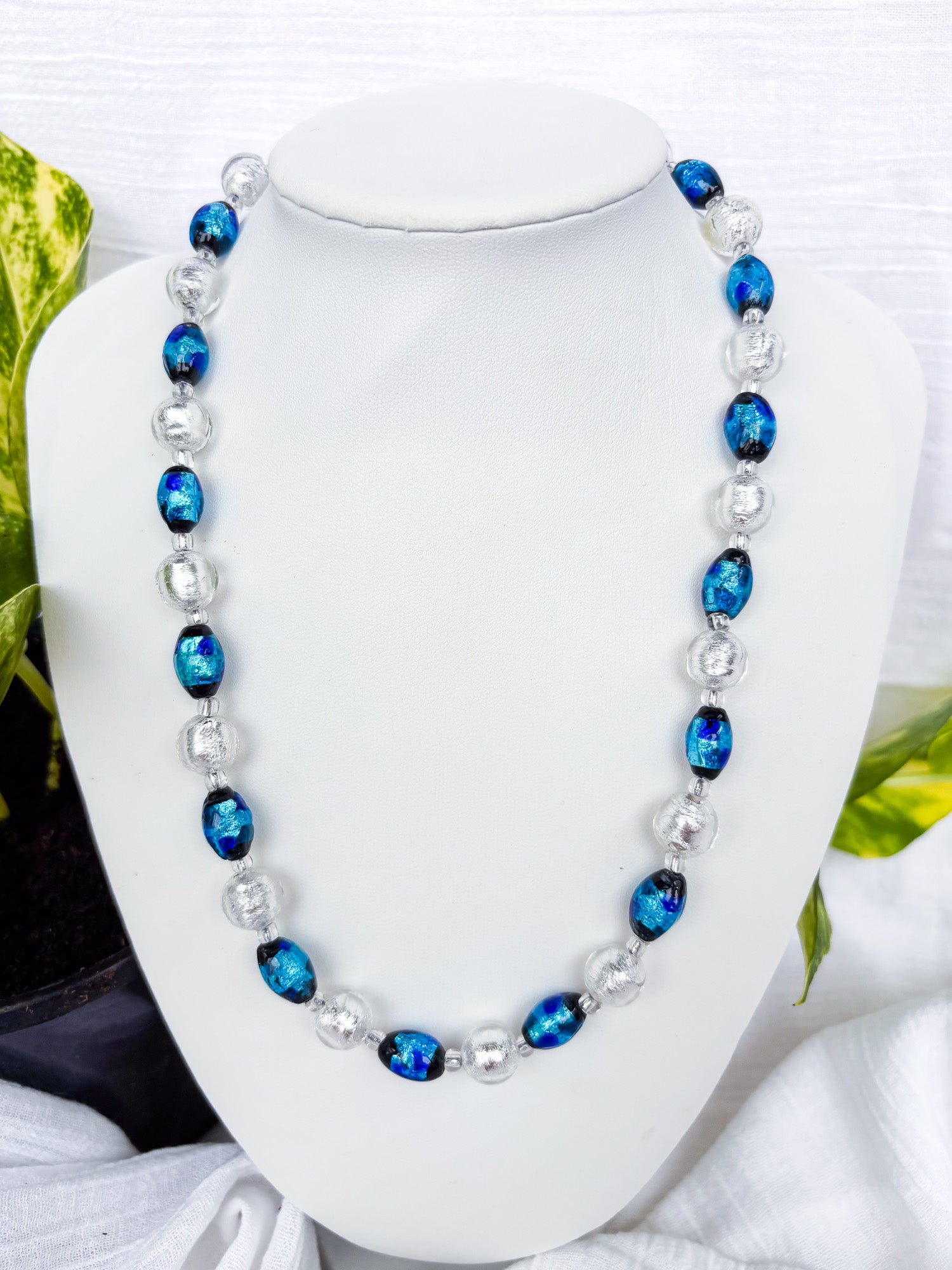 Handmade Oval Blue with black flecks and silver foil beaded necklace - Beadsmith