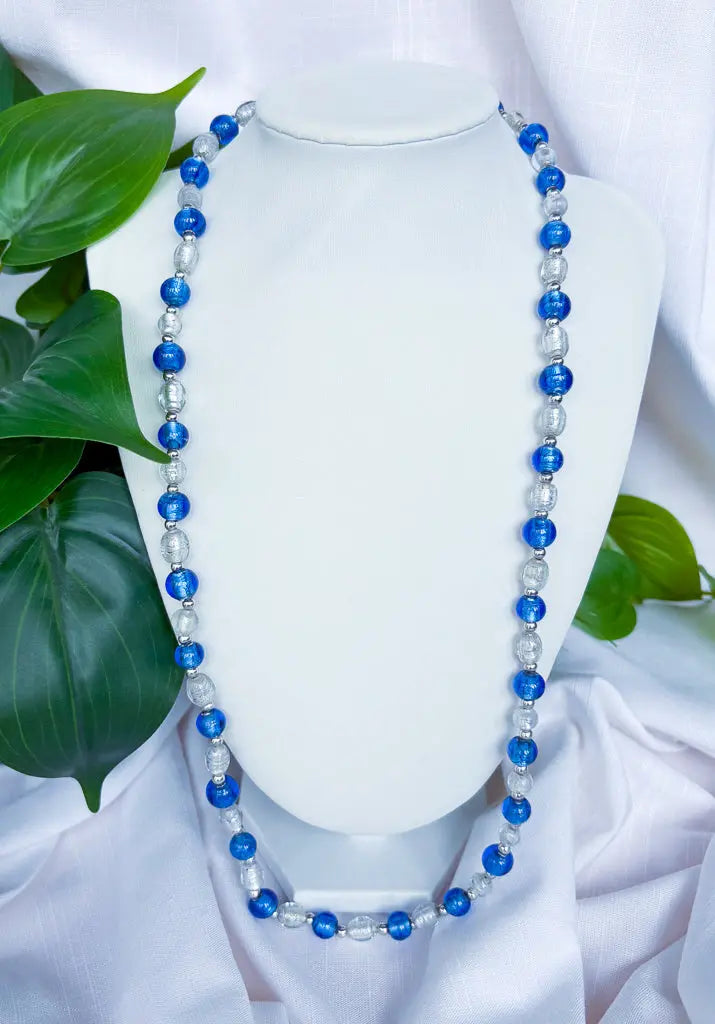 Blue round and white glass beaded necklace - Beadsmith