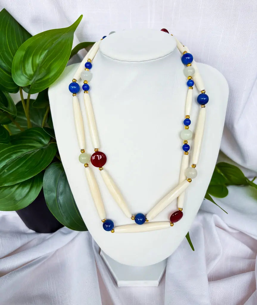 Blue, bone and red beaded long necklace - Beadsmith