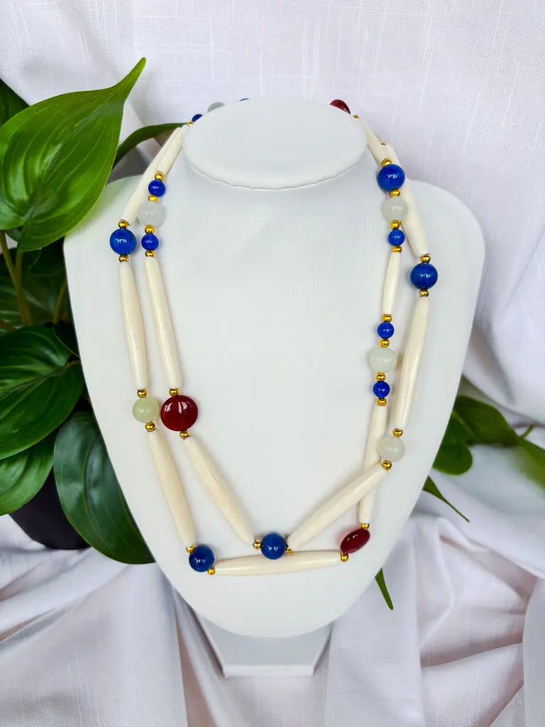 Blue, bone and red beaded long necklace - Beadsmith
