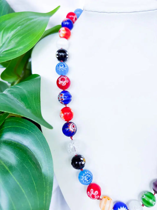 Blue, red, white, black round beaded necklace - Beadsmith