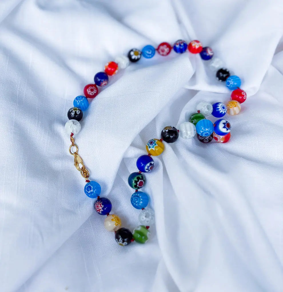 Blue, red, white, black round beaded necklace - Beadsmith