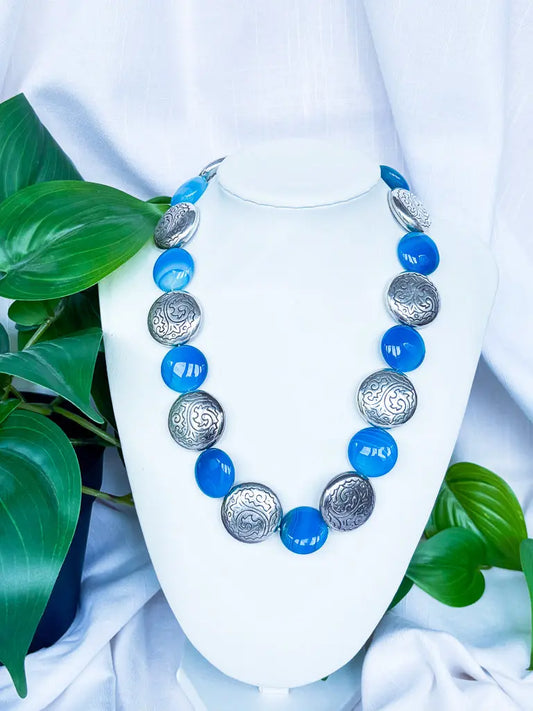 Blue Marbleised Disc Beads & Metal Discs Necklace - Beadsmith