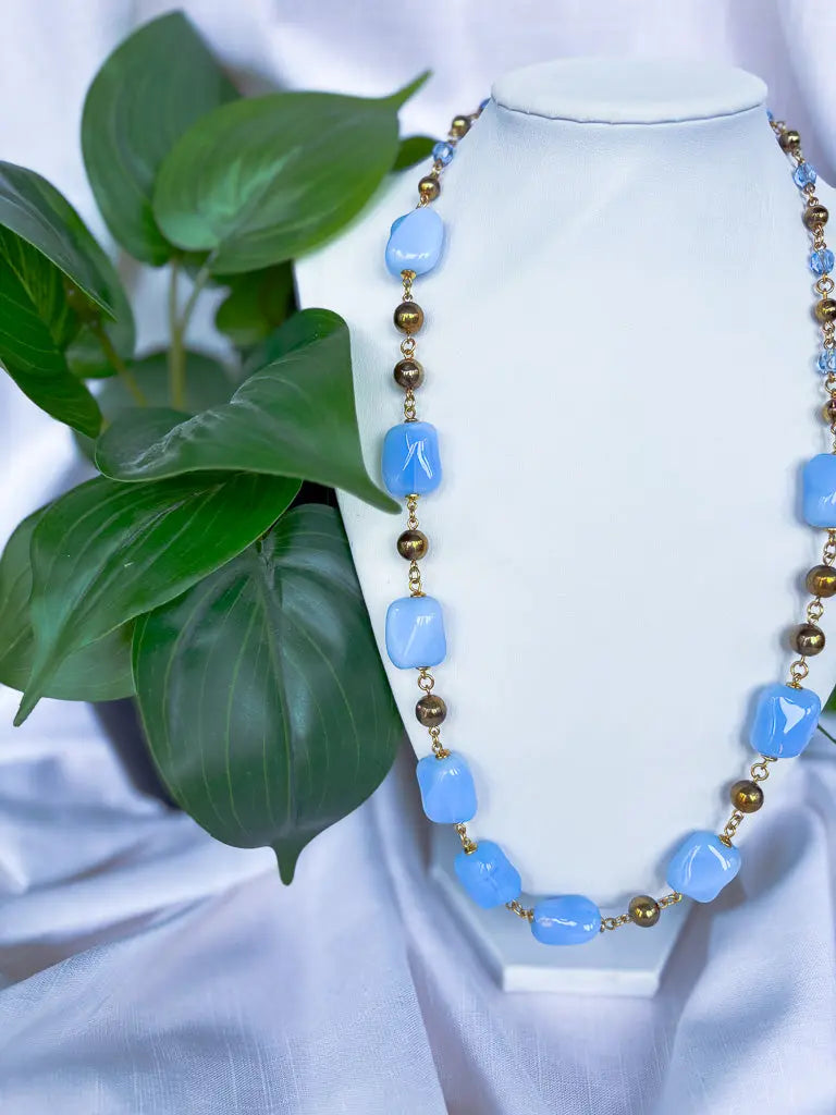 Chunky pale blue beads and gold detail necklace - Beadsmith