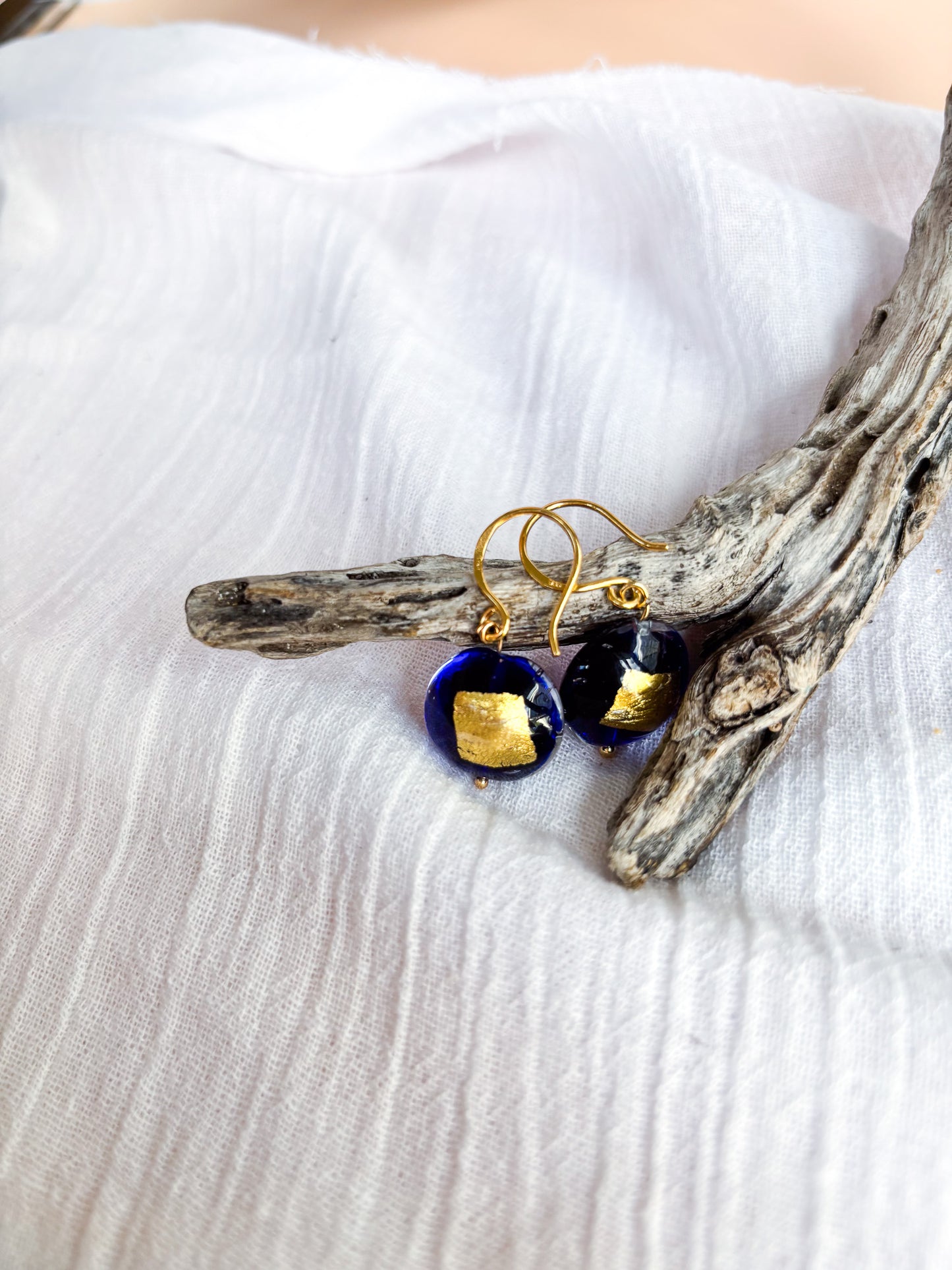 Handmade Venetian blue glass on gold hooks - Beadsmith