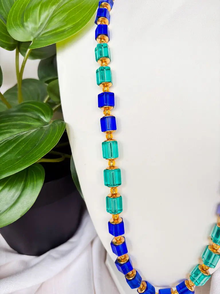 Fancy Square teal and blue beaded necklace - Beadsmith