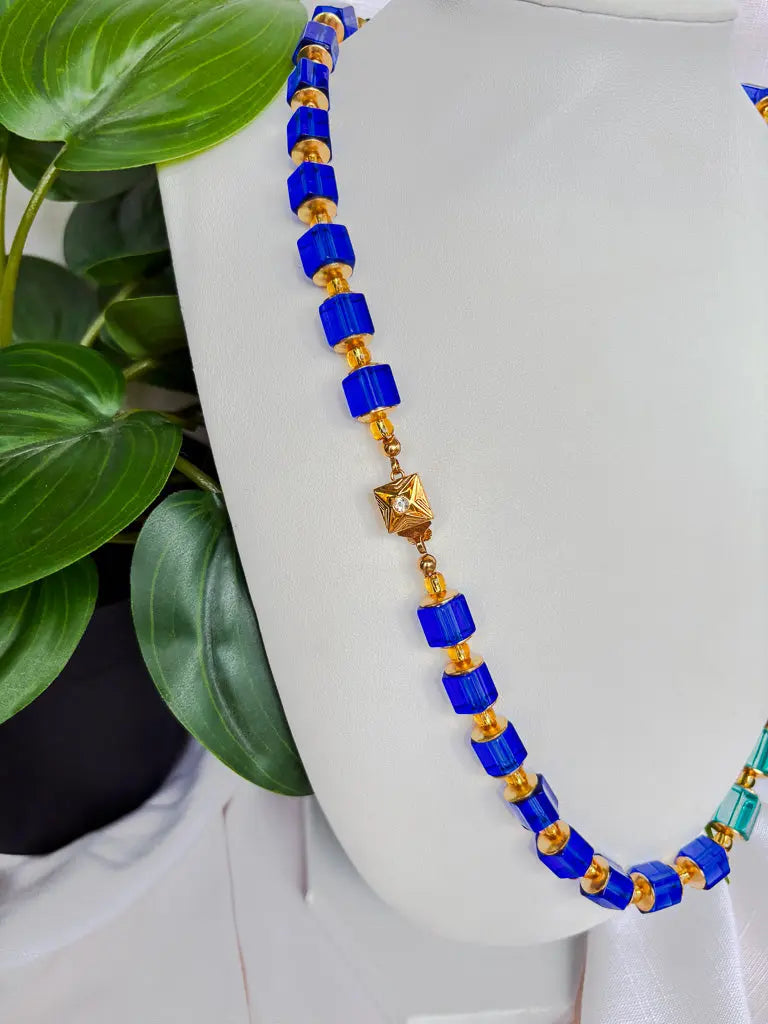 Fancy Square teal and blue beaded necklace - Beadsmith