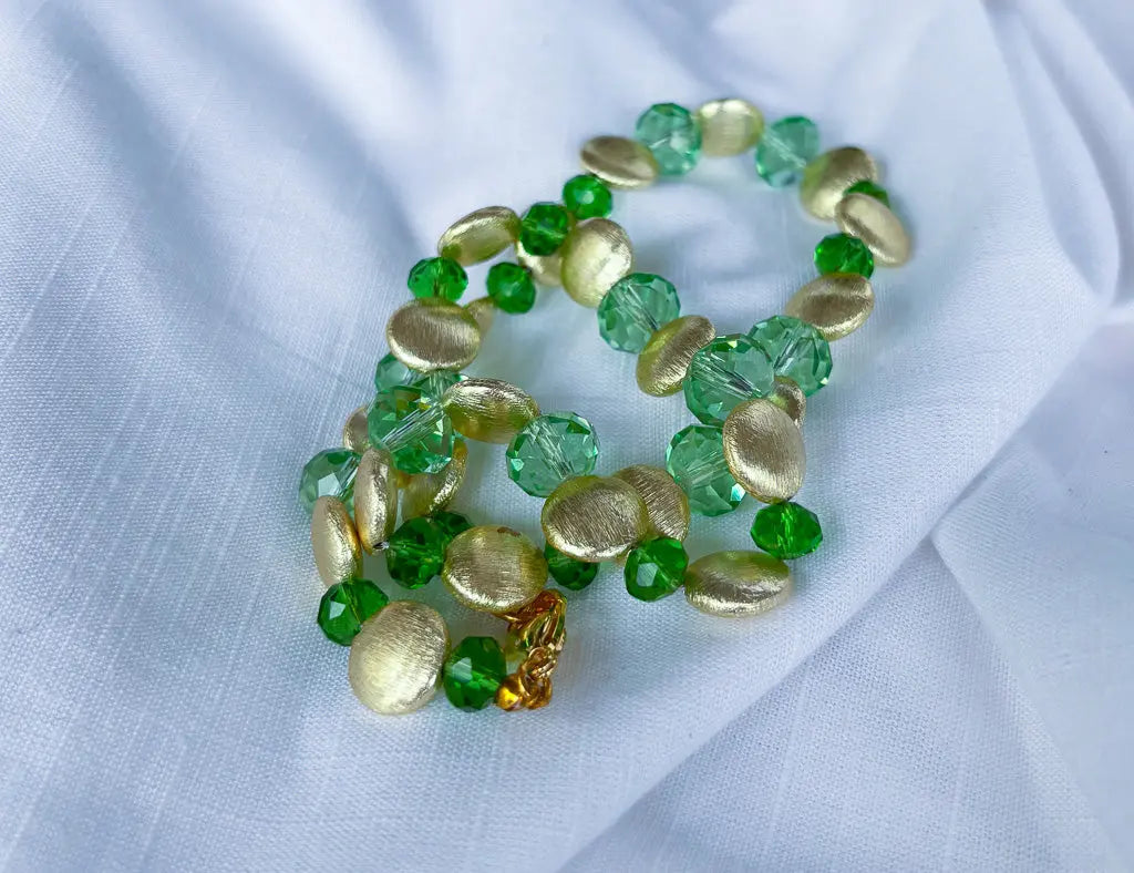 Green Crystal and Brushed Metal Gold Beaded Necklace - Beadsmith