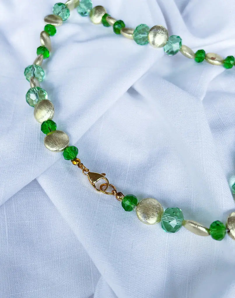 Green Crystal and Brushed Metal Gold Beaded Necklace - Beadsmith