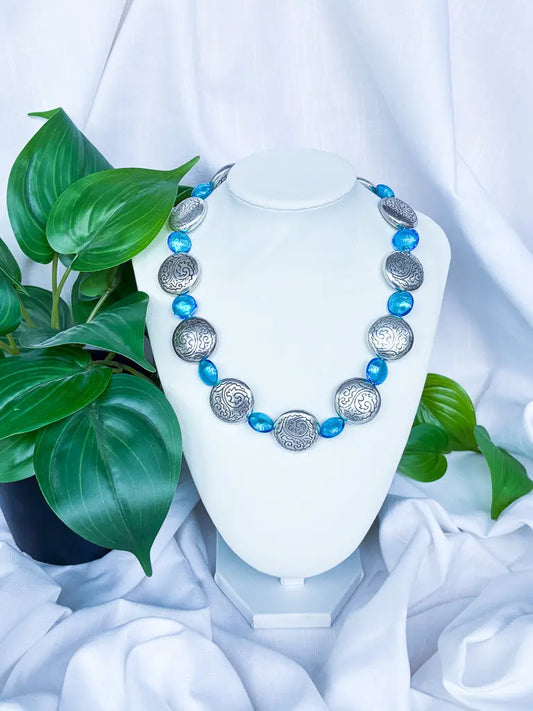 Hand made blue foil glass beads and metal discs necklace - Beadsmith