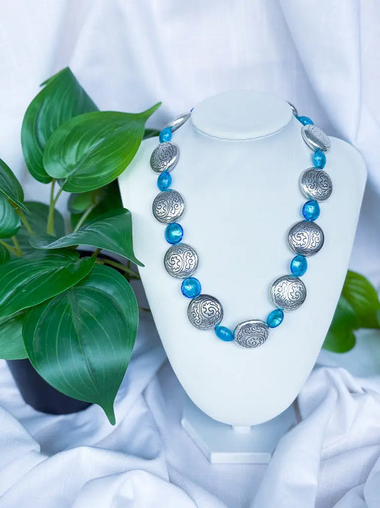 Light blue glass beads and metal discs necklace - Beadsmith
