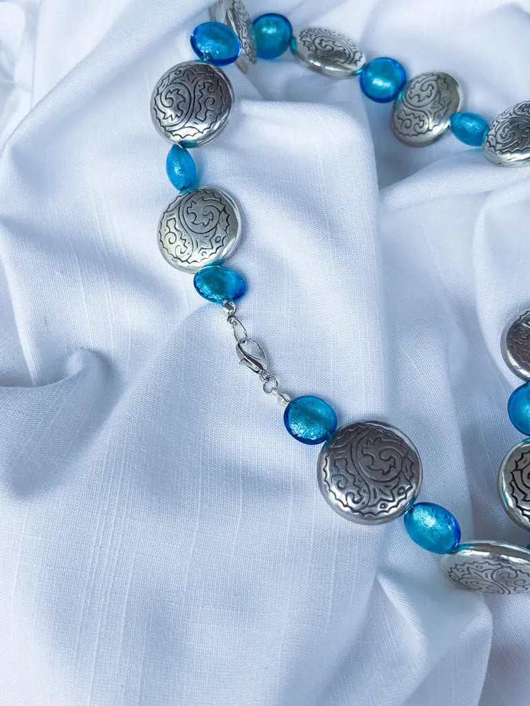Light blue glass beads and metal discs necklace - Beadsmith