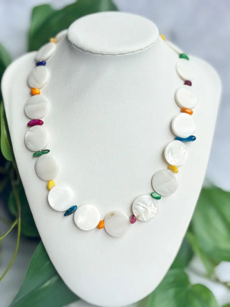 Mother of pearl discs with rainbow beaded necklace - Beadsmith