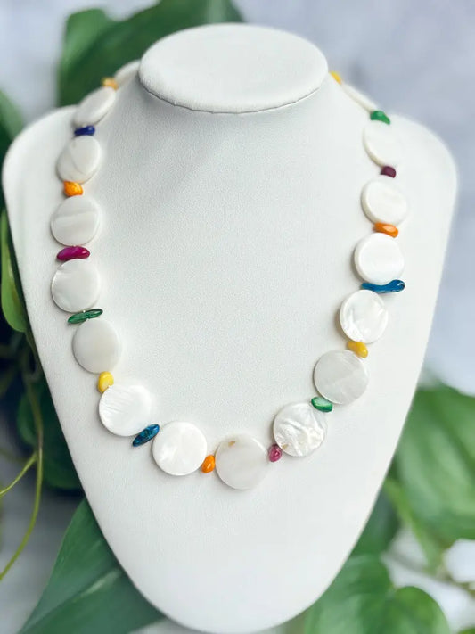 Mother of pearl discs with rainbow beaded necklace - Beadsmith