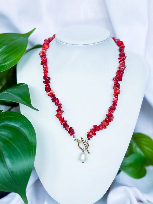 Red crystal shard necklace with gold and pearl detail - Beadsmith