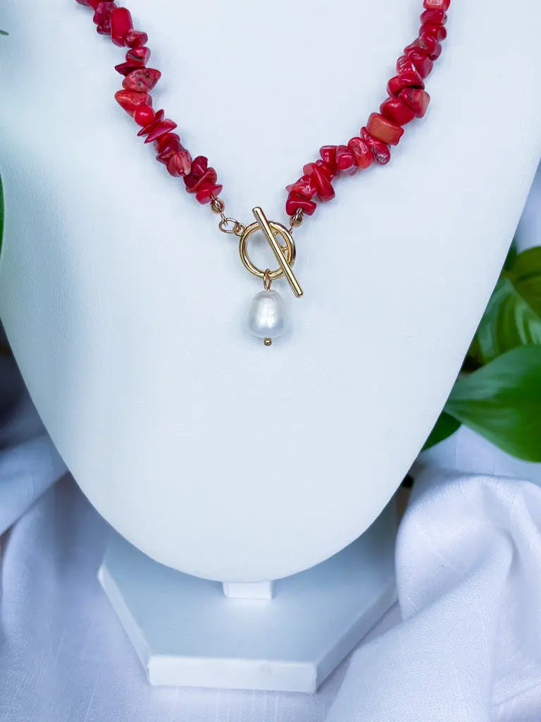 Red crystal shard necklace with gold and pearl detail - Beadsmith