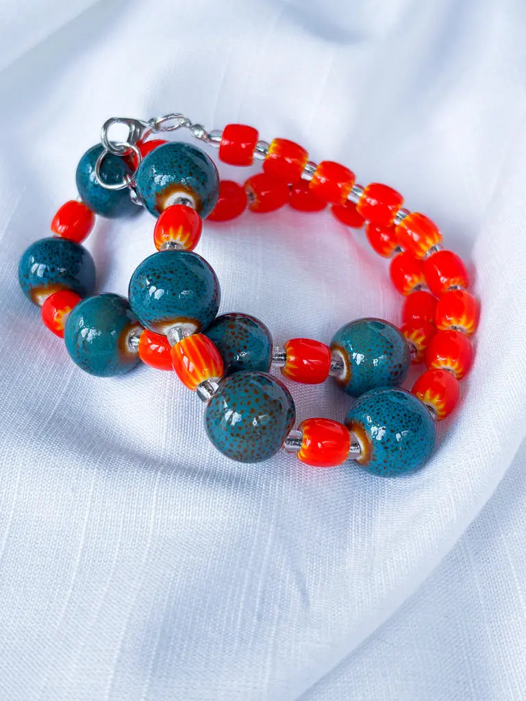 Round Blue and Bright Orange Necklace - Beadsmith