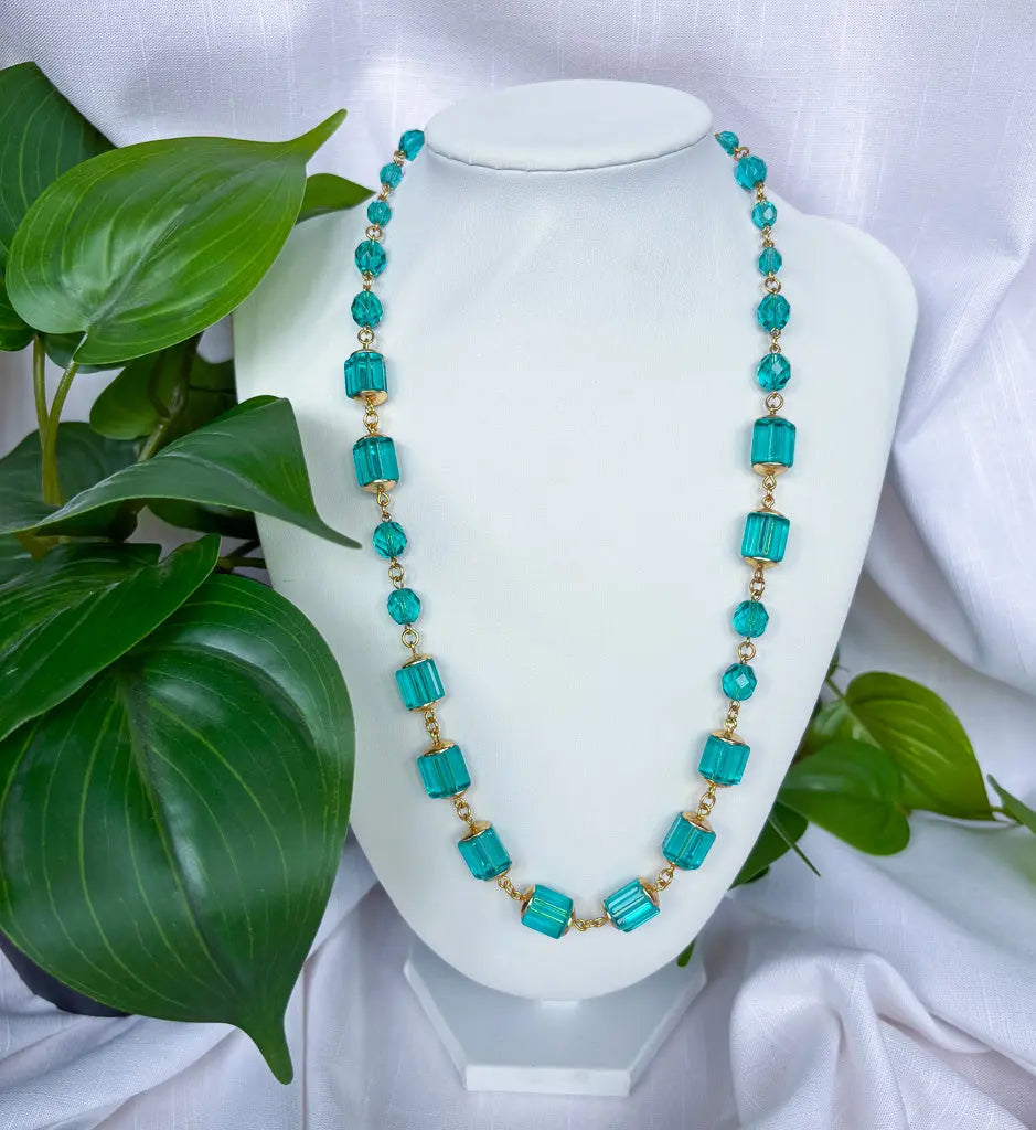 Teal and gold sqaure beaded necklace - Beadsmith